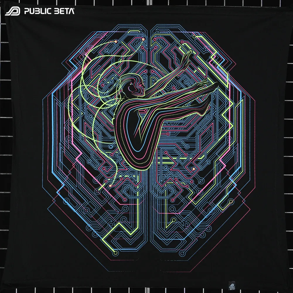 Wallhanging with UV-reactive futuristic graphics, photographed in natural light