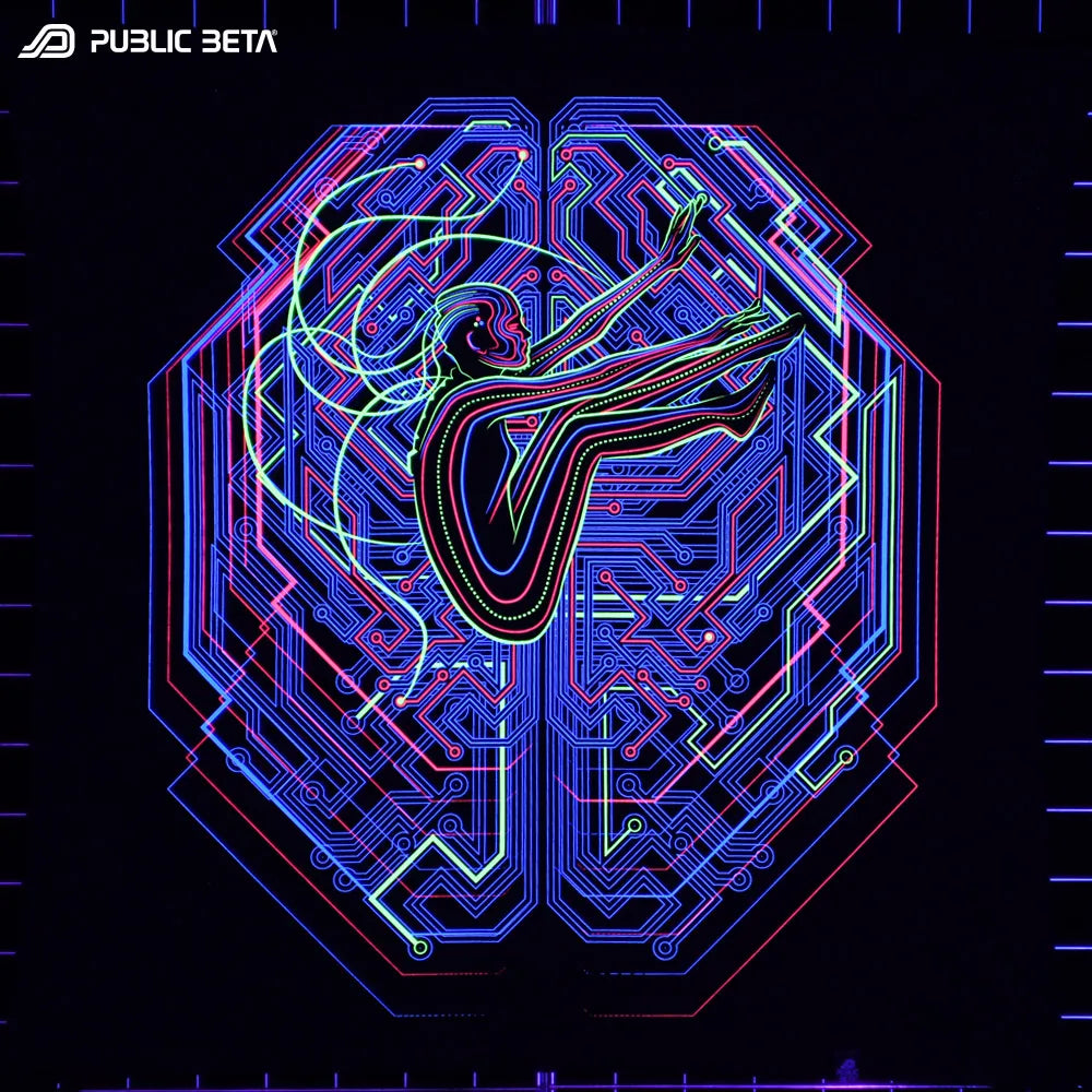 Wallhanging with UV-reactive futuristic print glowing under blacklight