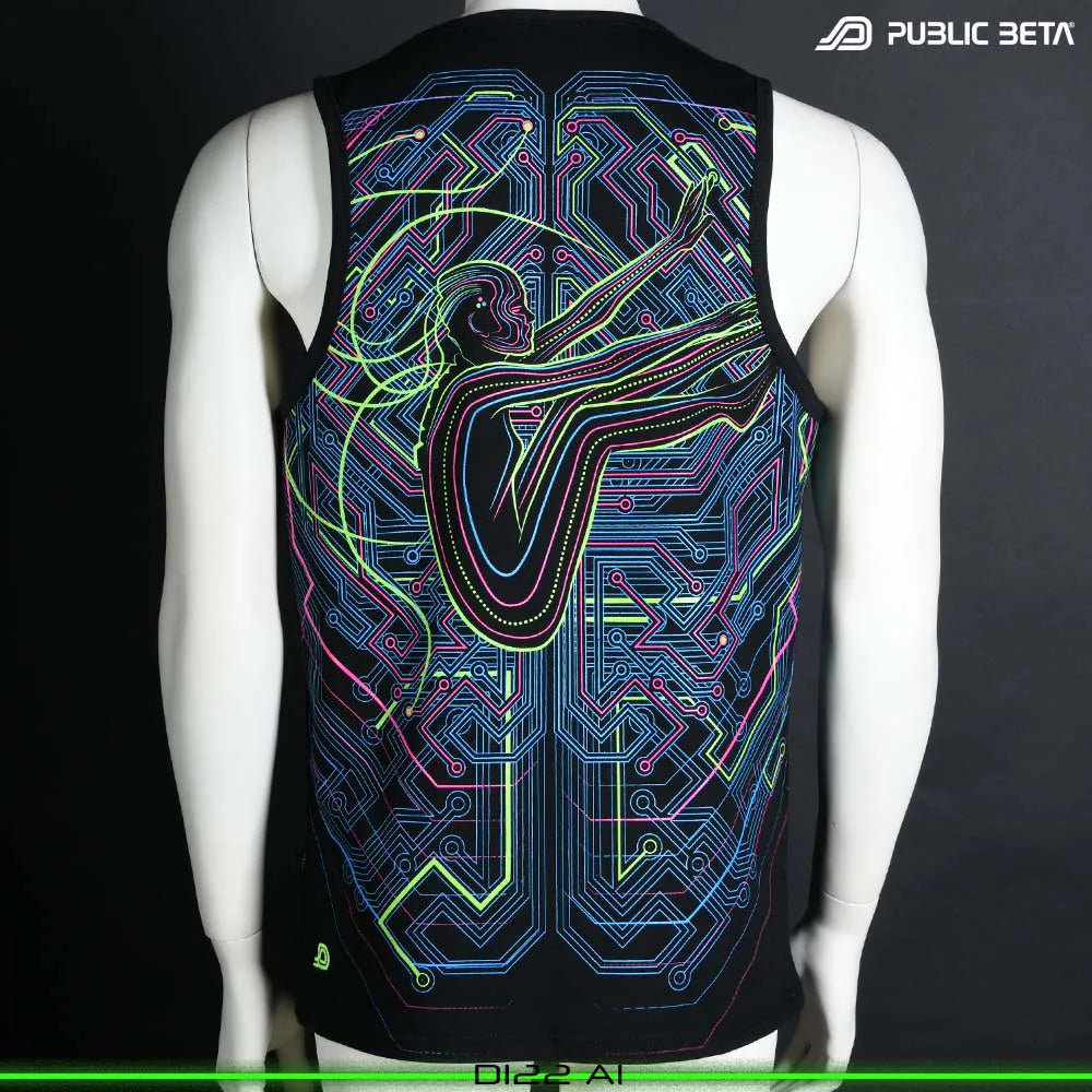 Sleeveless shirt with UV-reactive futuristic graphics, photographed in natural light
