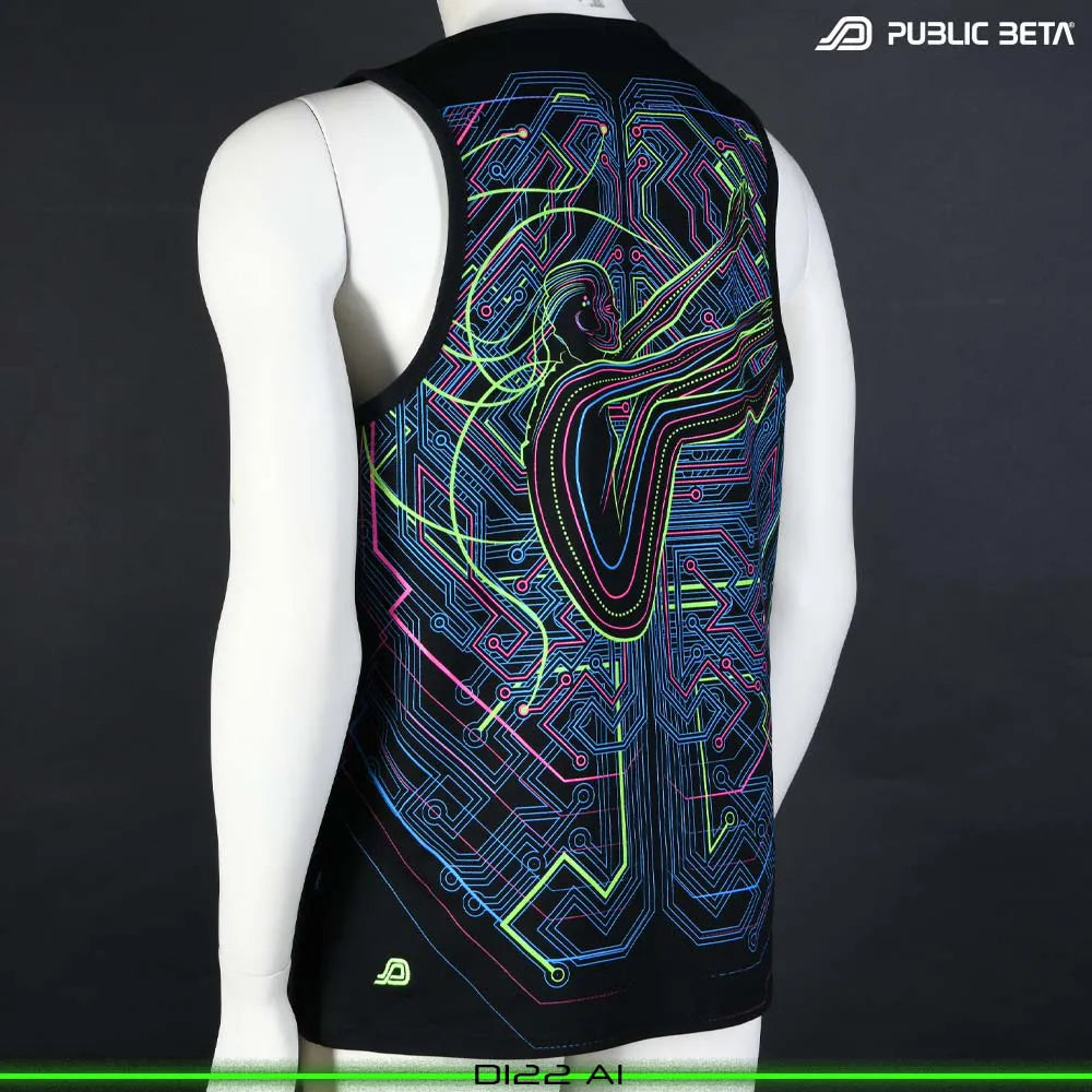 Sleeveless shirt with UV-reactive futuristic graphics, photographed in natural light