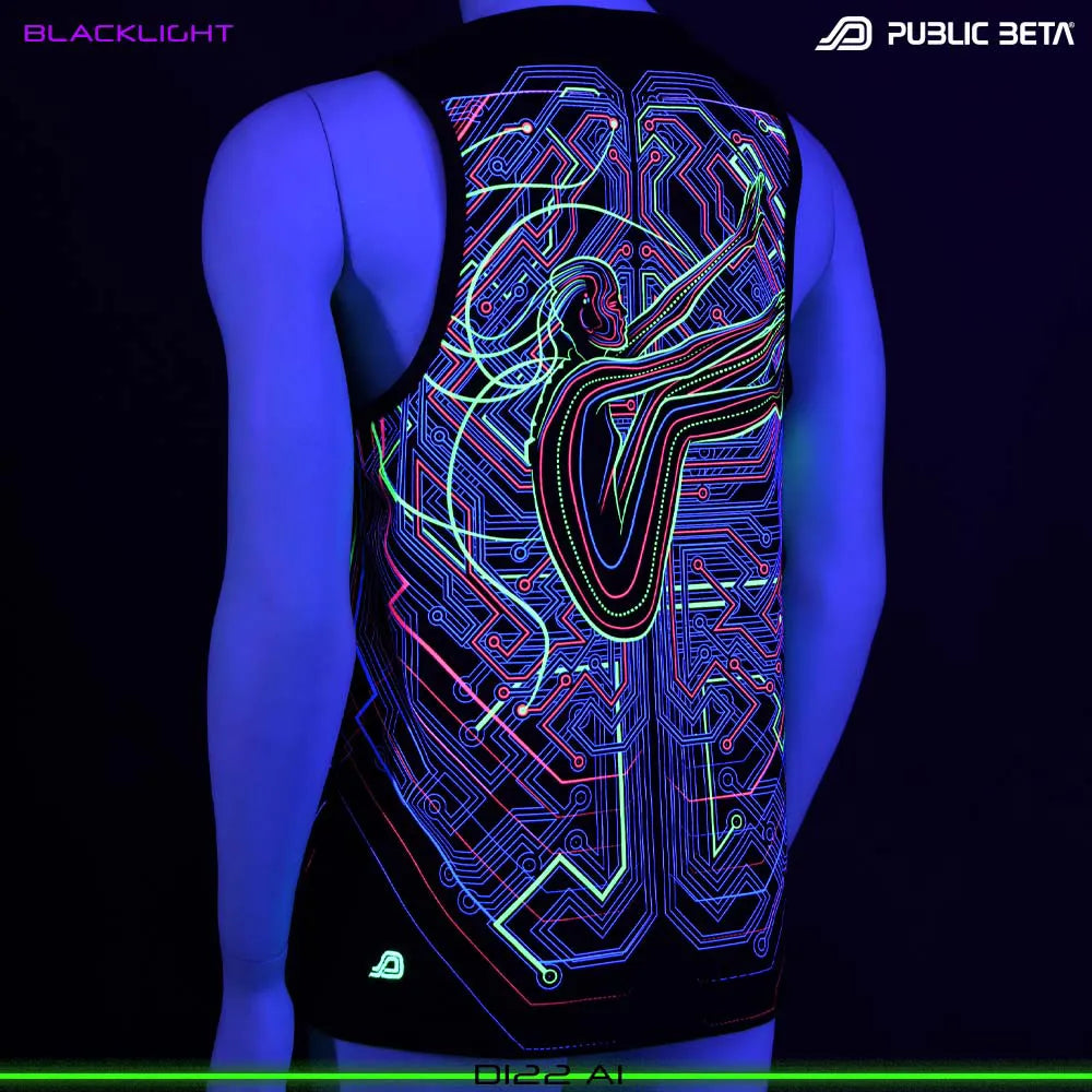 Sleeveless shirt with UV-reactive futuristic print glowing under blacklight