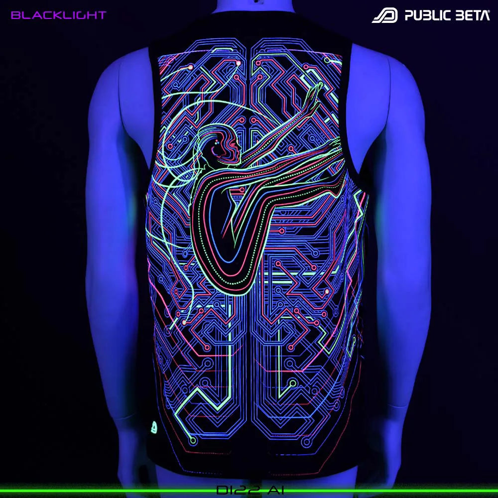 Sleeveless shirt with UV-reactive futuristic print glowing under blacklight