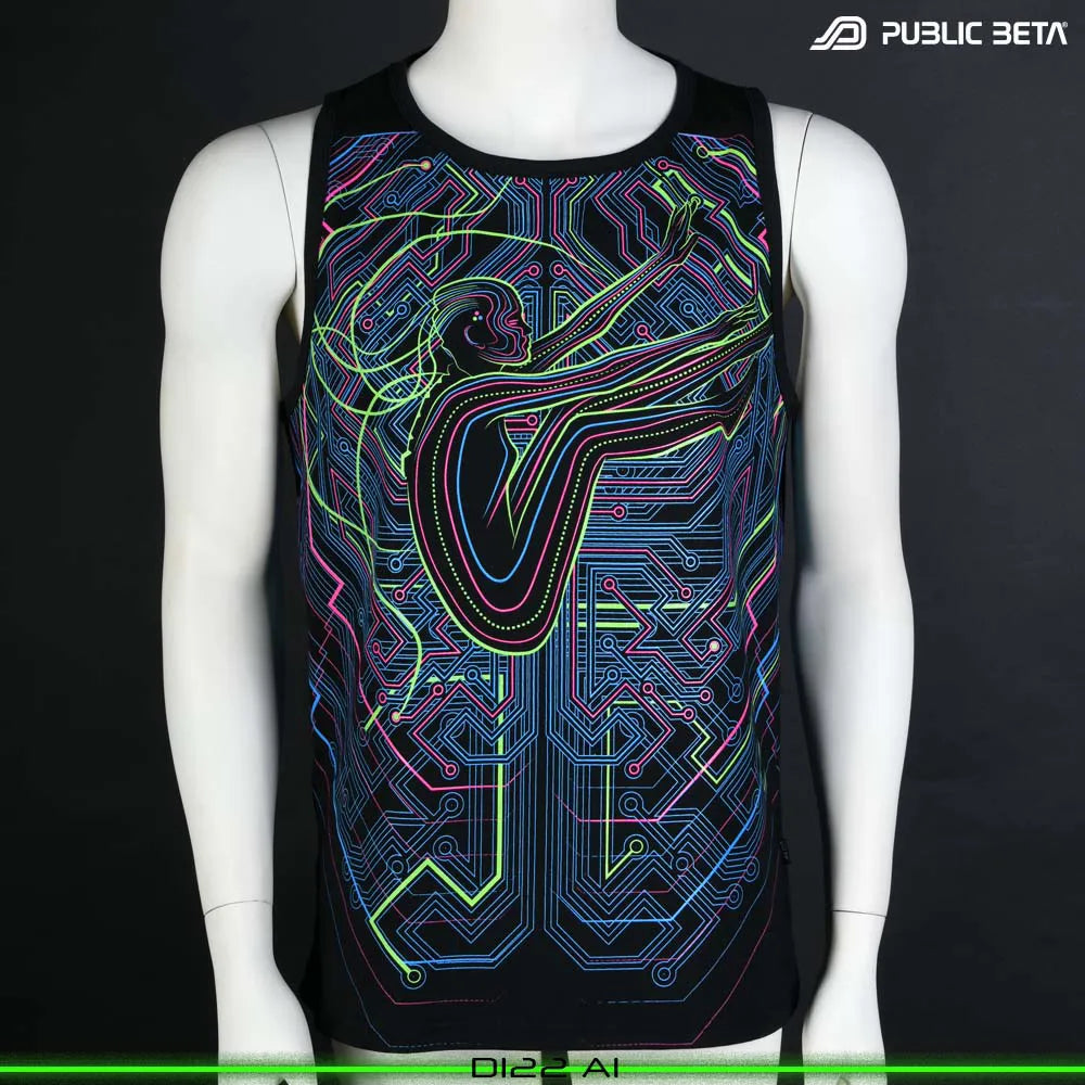 Sleeveless shirt with UV-reactive futuristic graphics, photographed in natural light