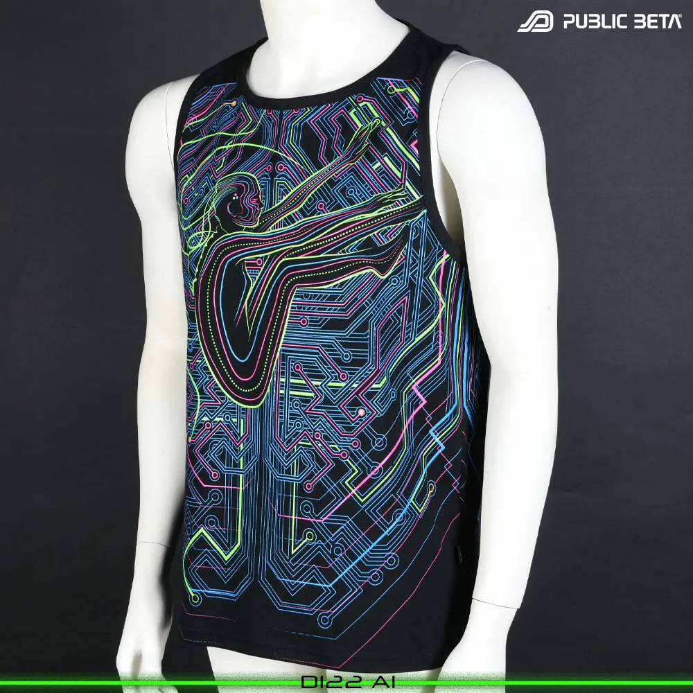 Sleeveless shirt with UV-reactive futuristic graphics, photographed in natural light