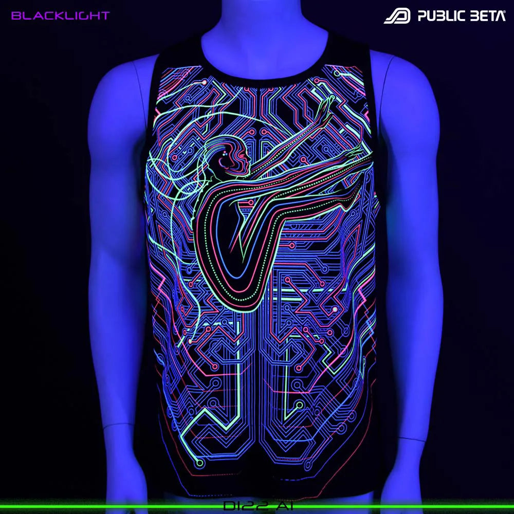 Sleeveless shirt with UV-reactive futuristic print glowing under blacklight