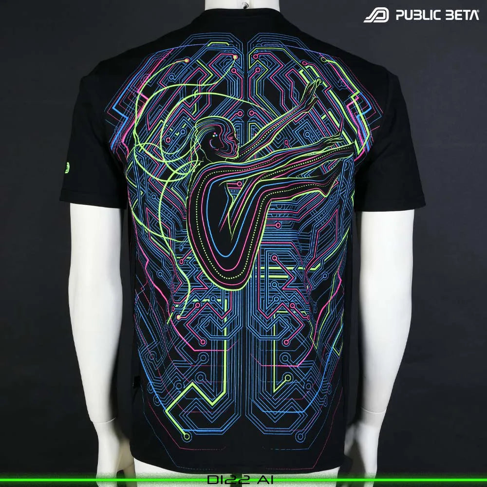 T-shirt with UV-reactive futuristic graphics, photographed in natural light