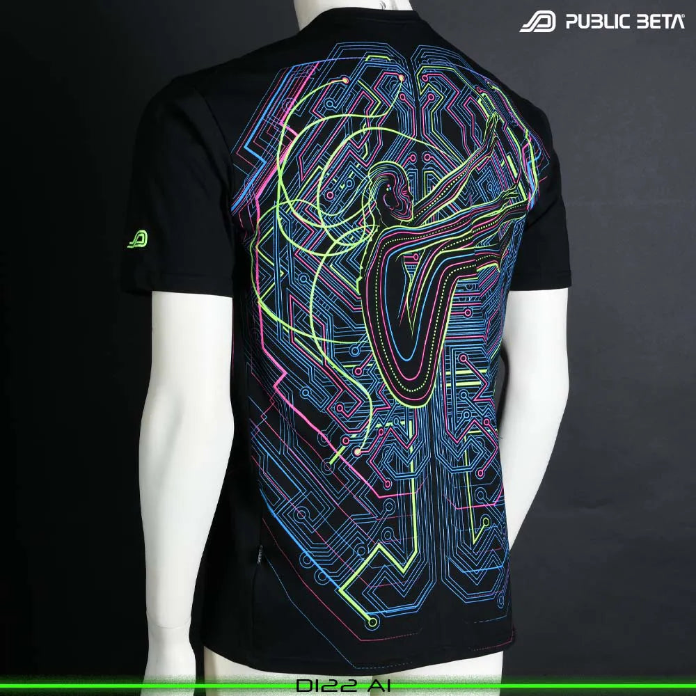 T-shirt with UV-reactive futuristic graphics, photographed in natural light