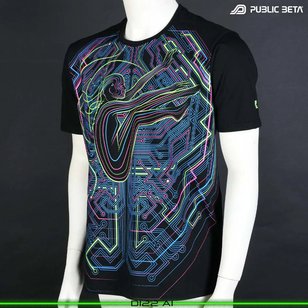 T-shirt with UV-reactive futuristic graphics, photographed in natural light