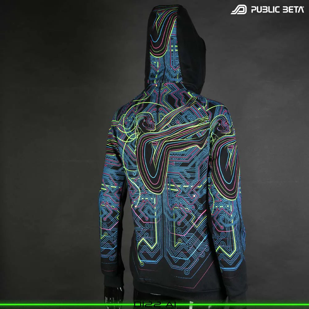 Hooded sweater women with UV-reactive printed graphics, photographed in natural light back side