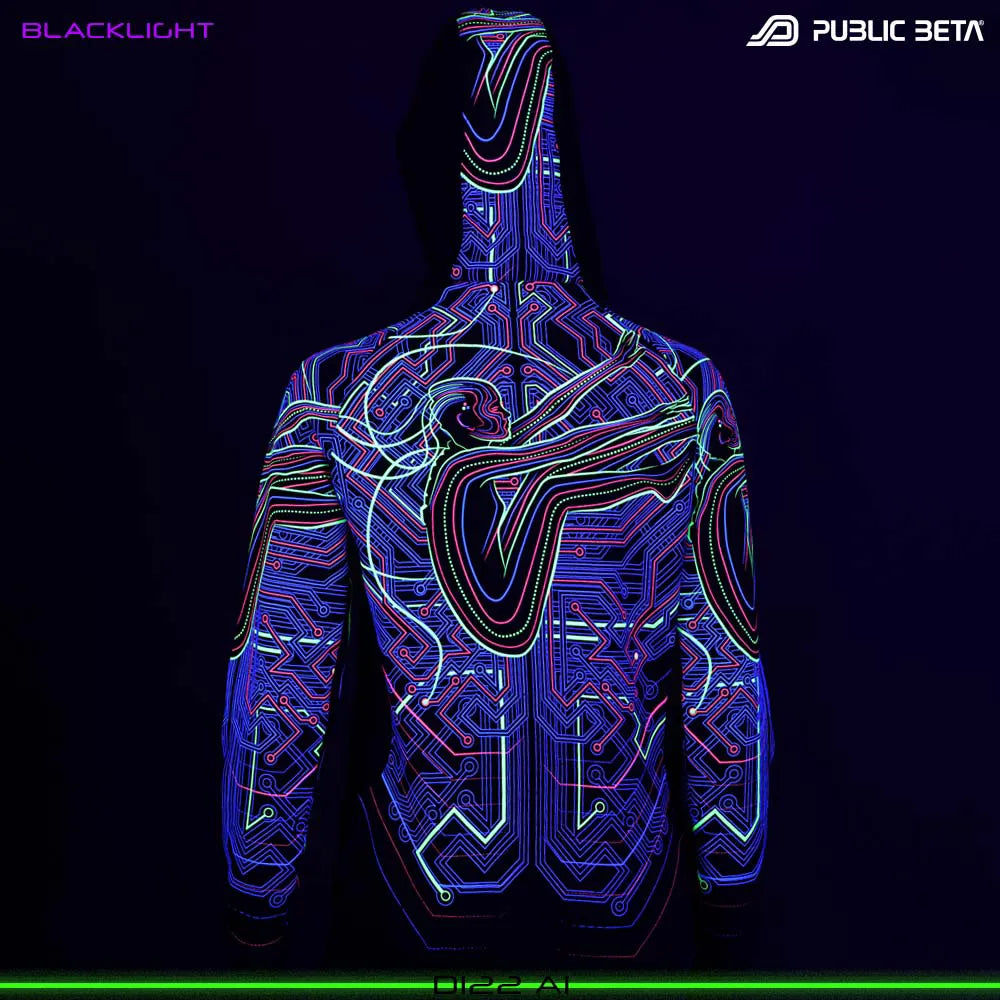 Hooded sweater women with UV-reactive graphics glowing under blacklight back view back side