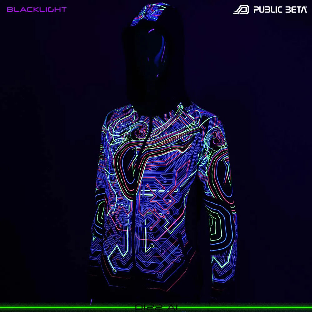 Hooded sweater women with UV-reactive graphics glowing under blacklight back view front side