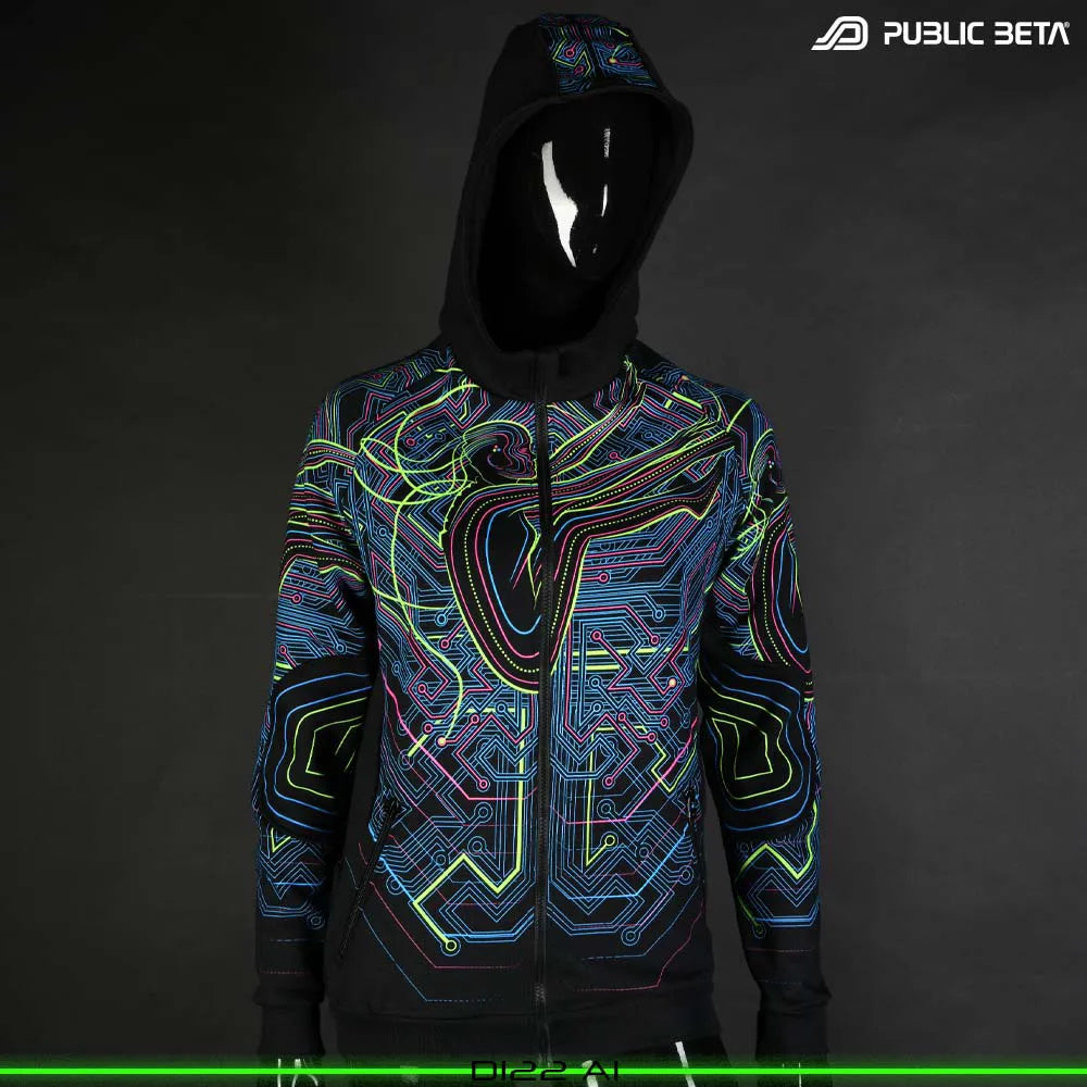 Hooded sweater women with UV-reactive printed graphics, photographed in natural light front side