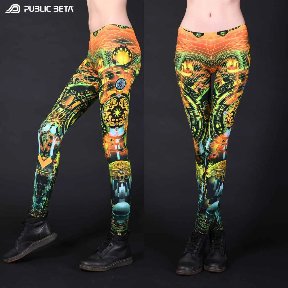 Leggings with UV-reactive psychedelic art print, photographed in natural light