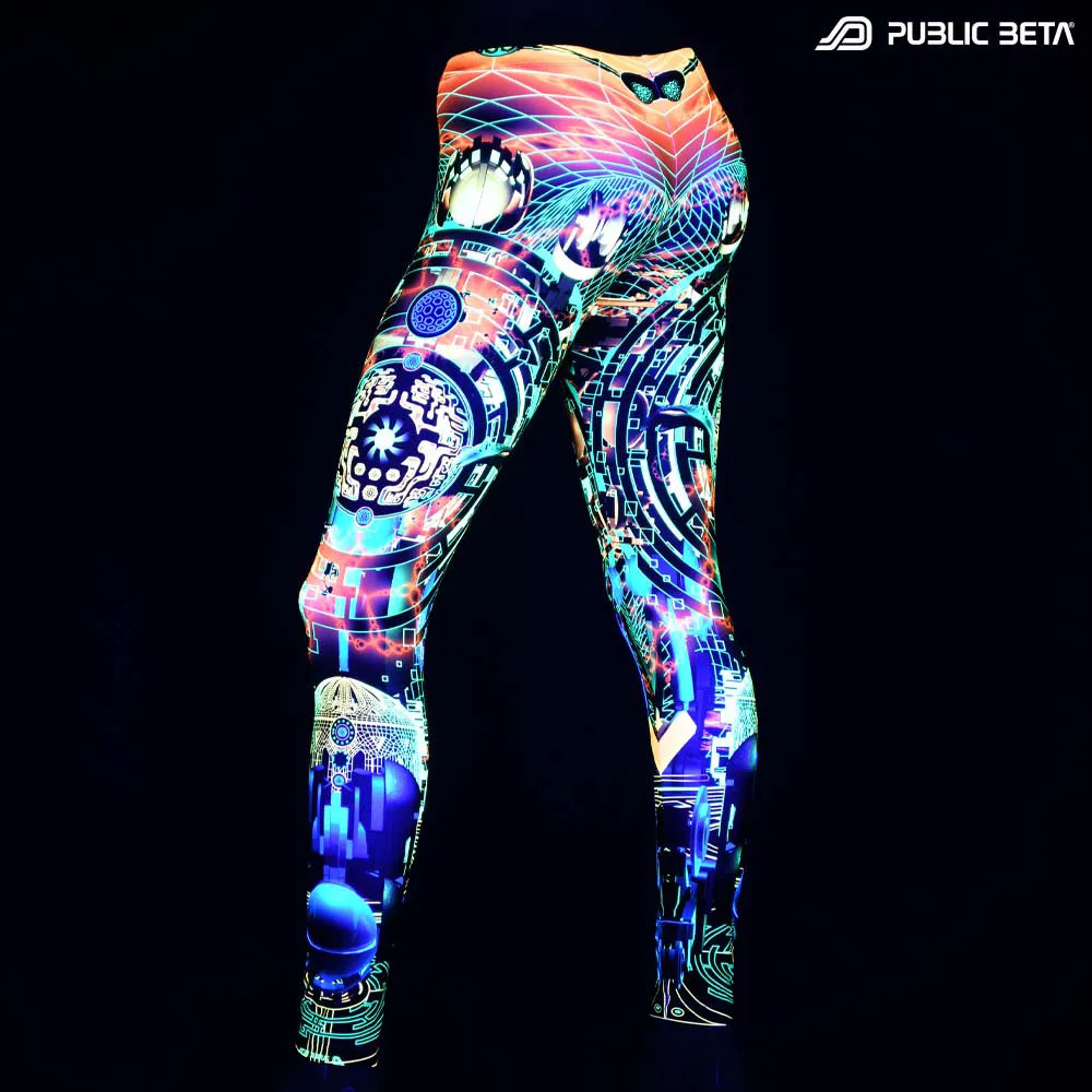 Leggings with UV-reactive futuristic print glowing under blacklight
