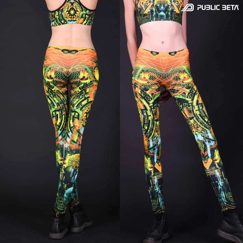 Leggings with UV-reactive psychedelic art print, photographed in natural light