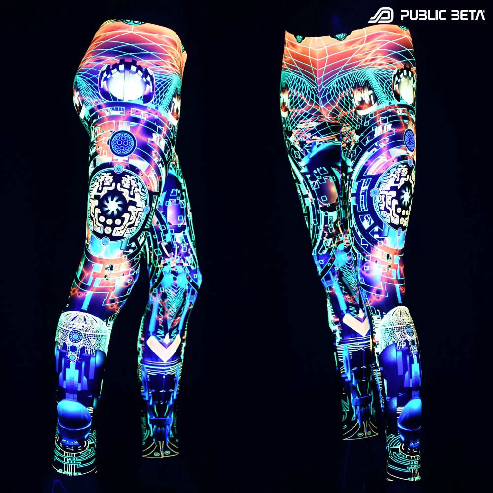 Leggings with UV-reactive futuristic print glowing under blacklight
