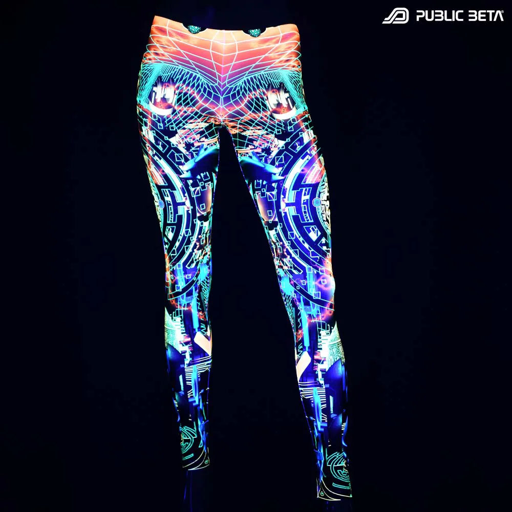 Leggings with UV-reactive futuristic print glowing under blacklight