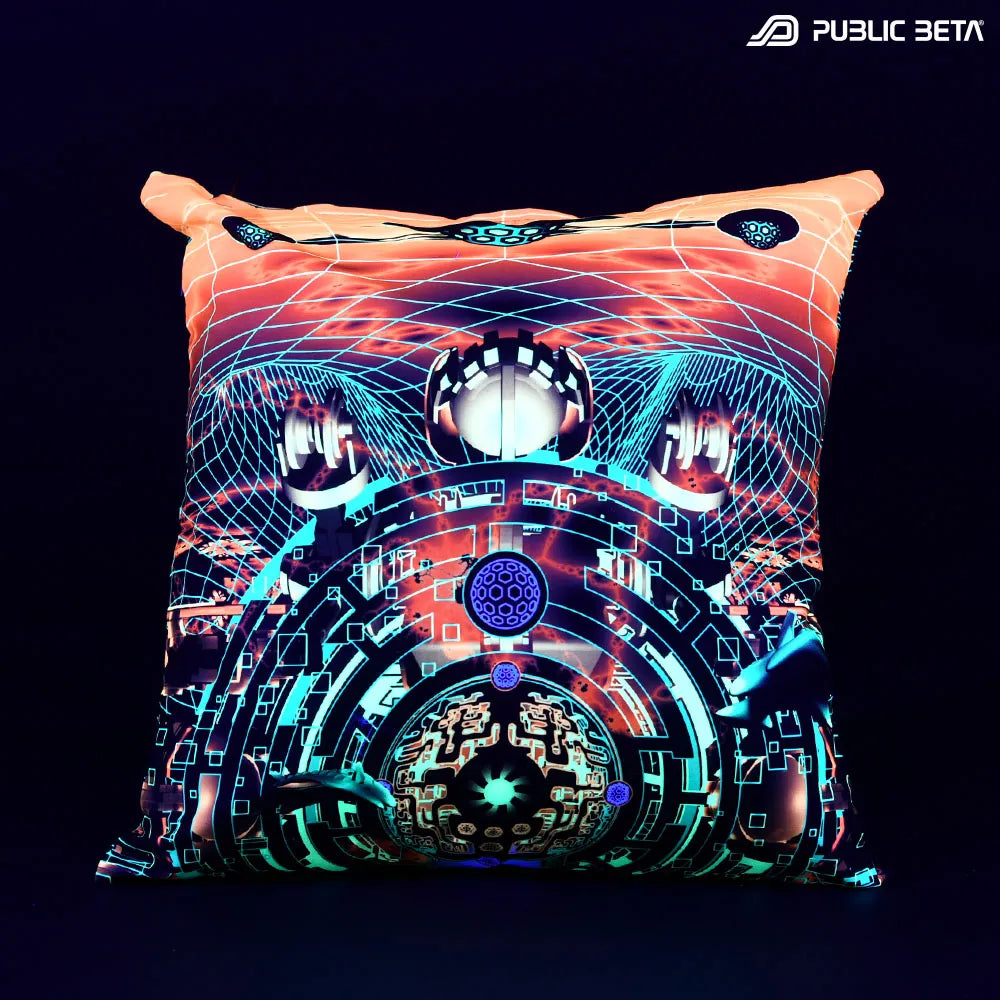 Cushion Cover with UV-reactive graphics glowing under blacklight