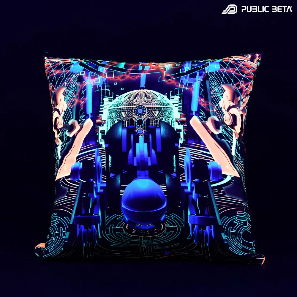 Cushion Cover with UV-reactive graphics glowing under blacklight