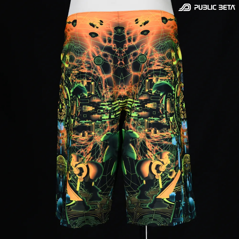 Boardshorts with UV-reactive futuristic graphics, photographed in natural light