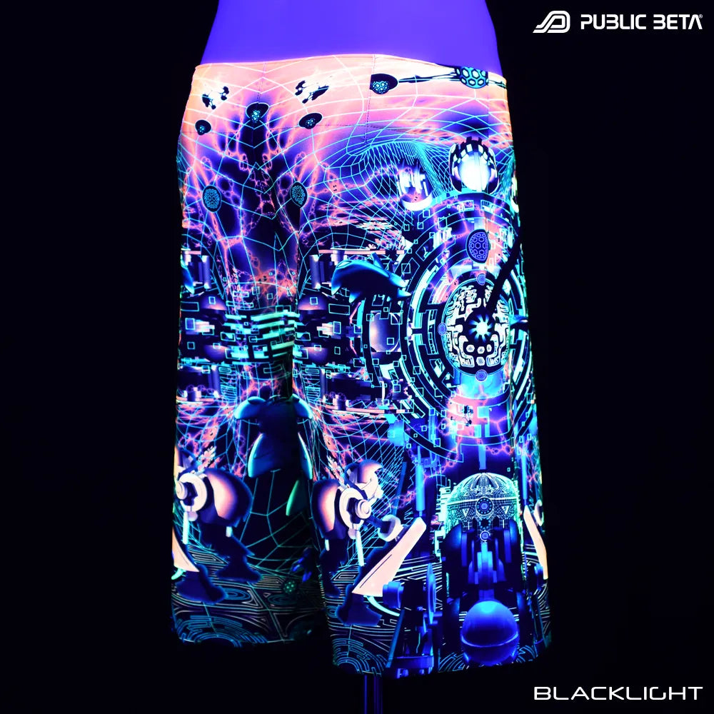 Boardshorts with UV-reactive futuristic print glowing under blacklight 