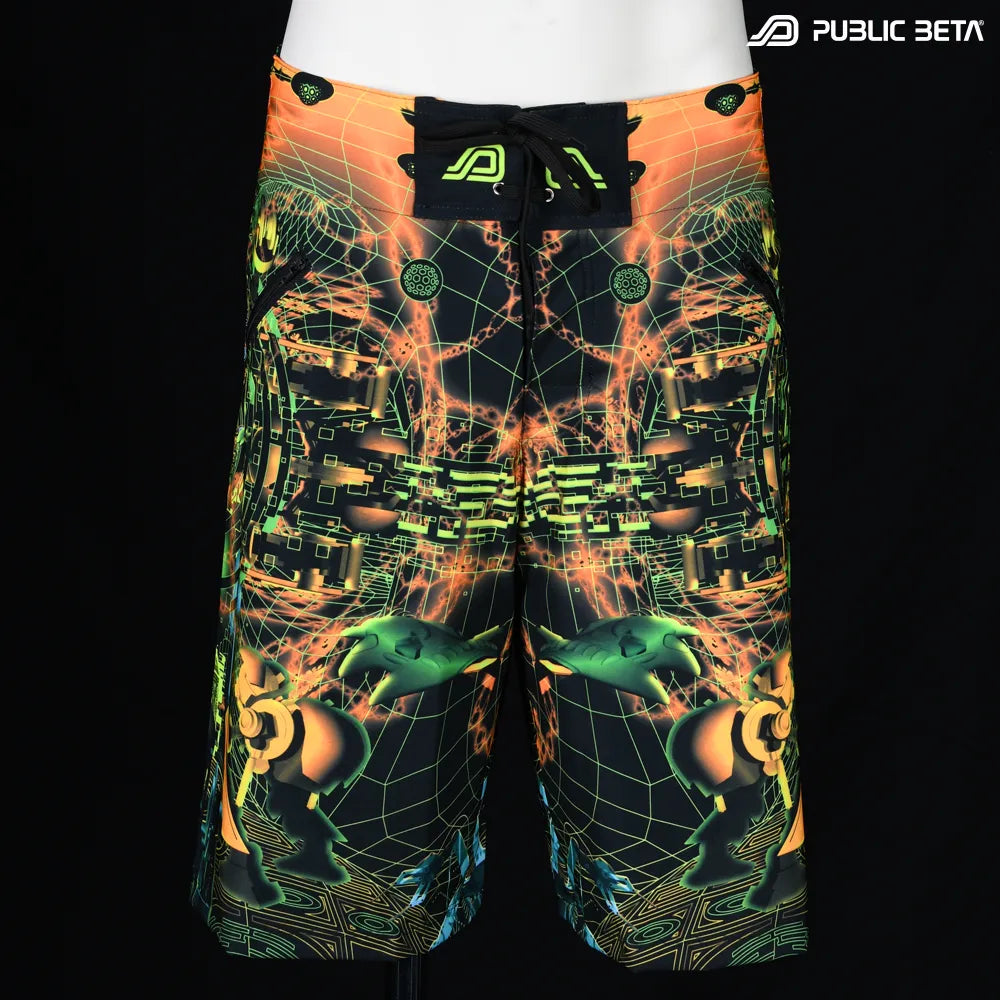 Boardshorts with UV-reactive futuristic graphics, photographed in natural light