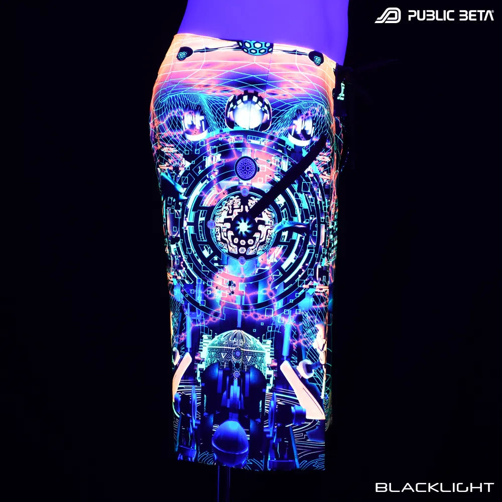 Boardshorts with UV-reactive futuristic print glowing under blacklight side view