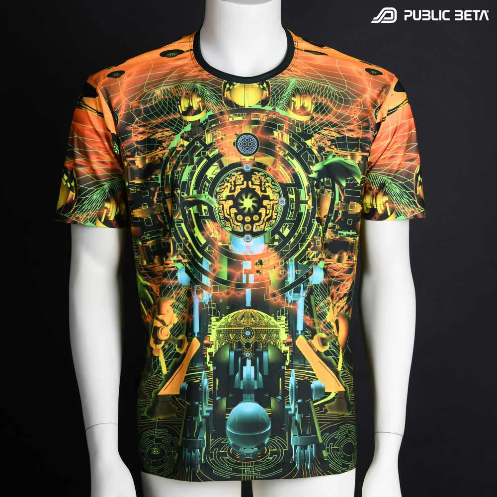 T-shirt with UV-reactive psychedelic art print, photographed in natural light
