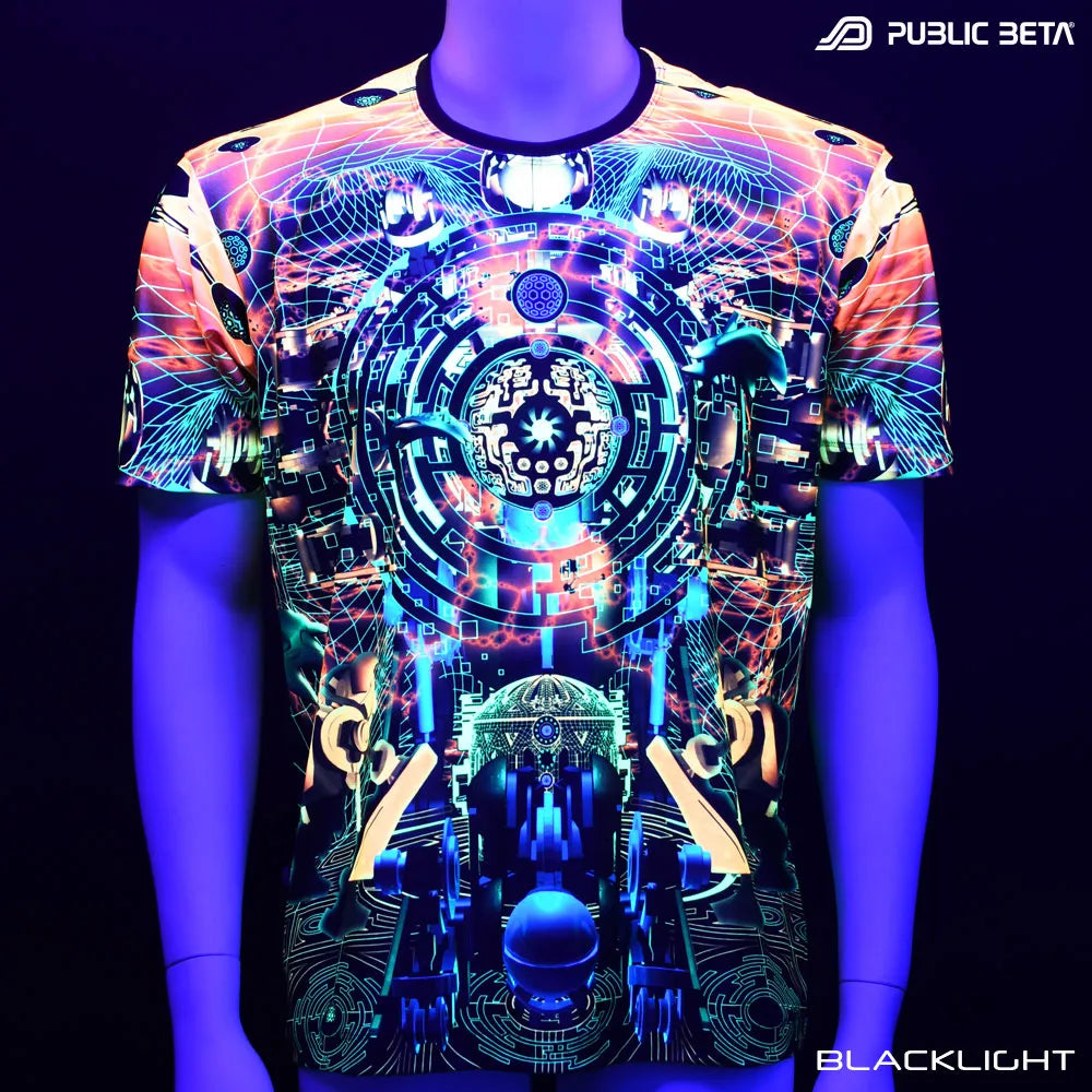 T-shirt with UV-reactive futuristic print glowing under blacklight front view
