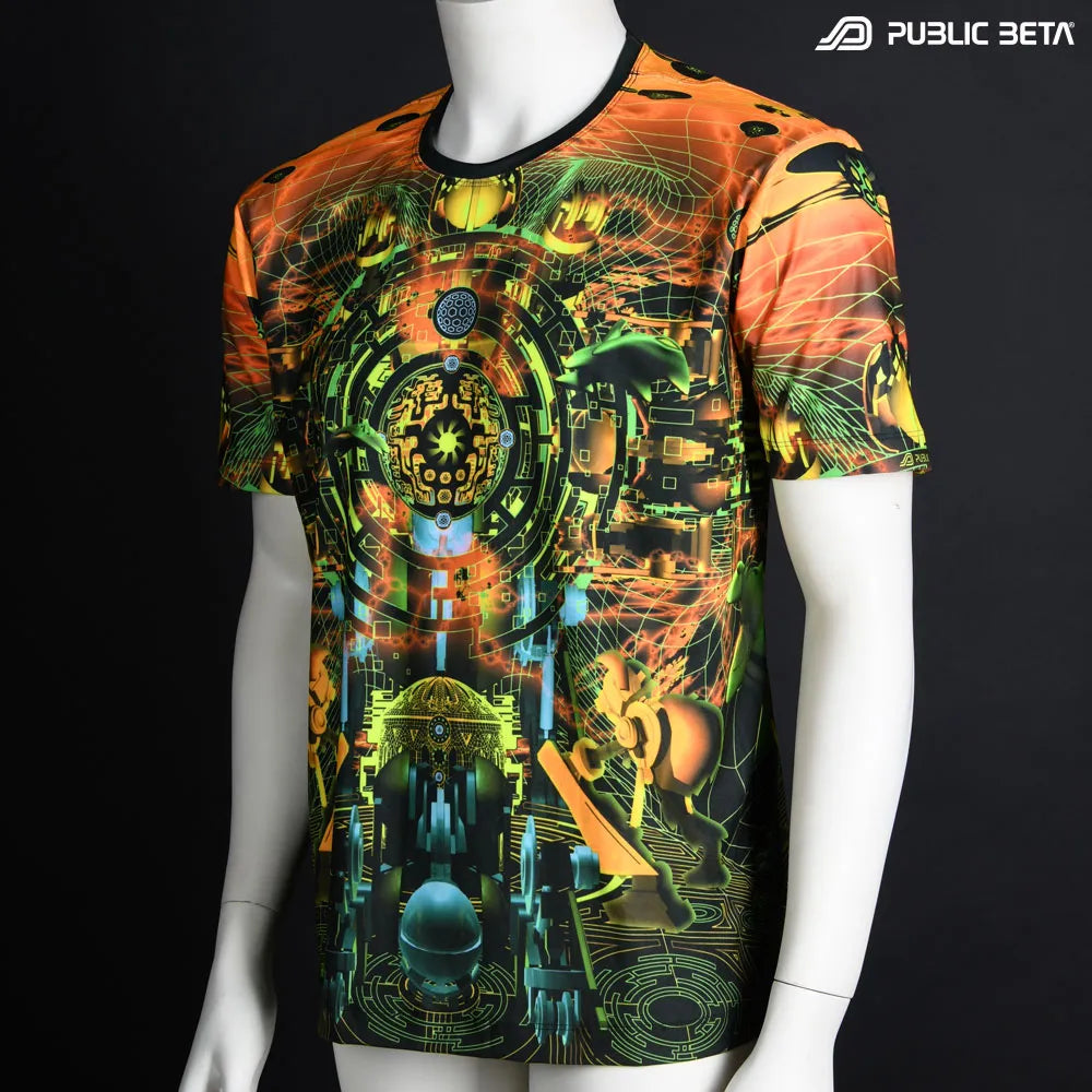 T-shirt with UV-reactive psychedelic art print, photographed in natural light
