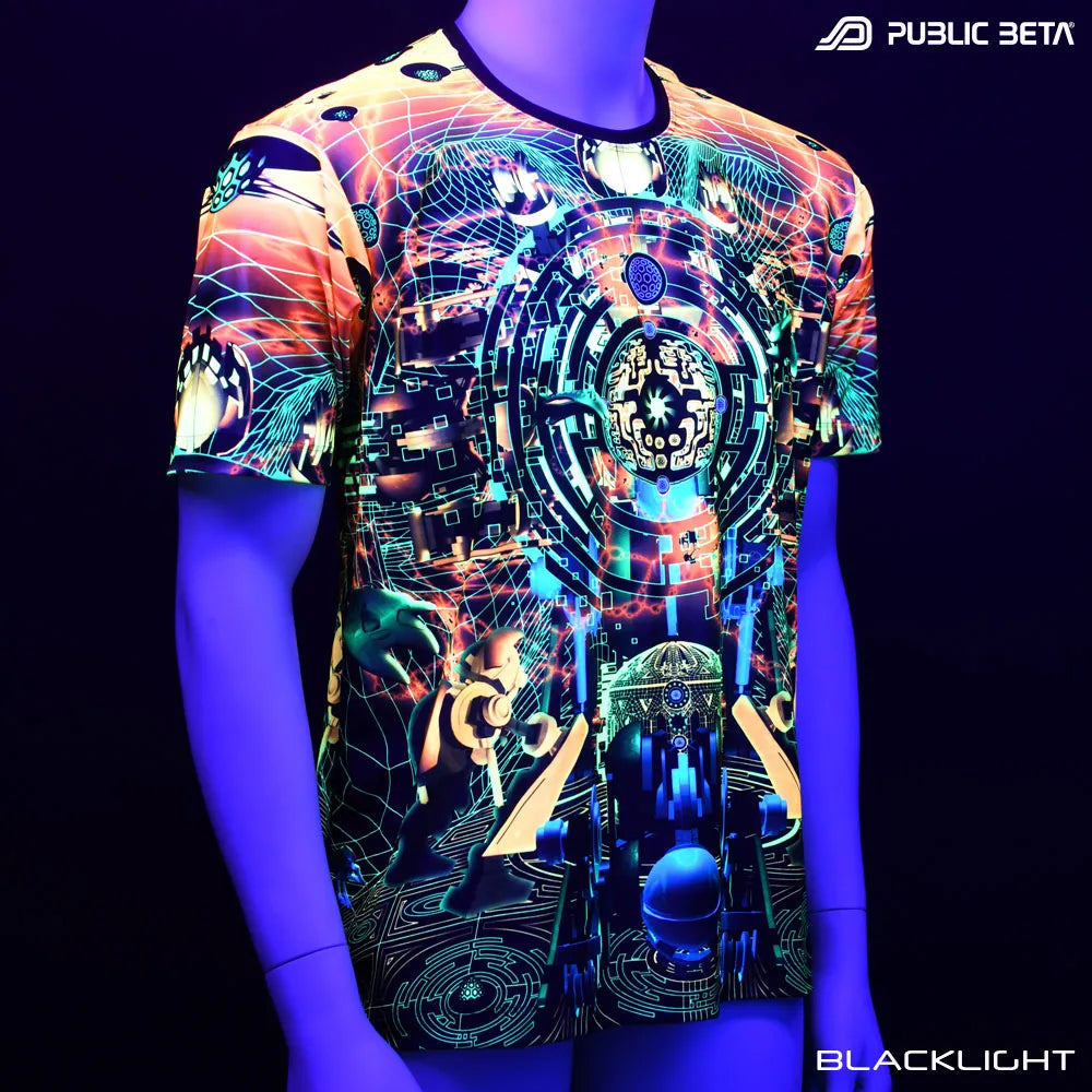 T-shirt with UV-reactive futuristic print glowing under blacklight front view