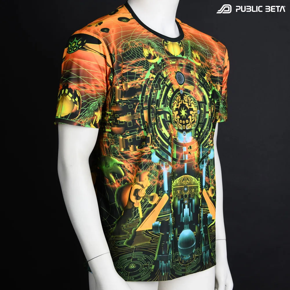 T-shirt with UV-reactive psychedelic art print, photographed in natural light