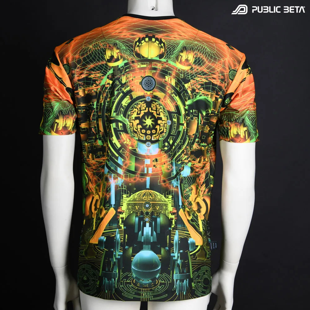 T-shirt with UV-reactive psychedelic art print, photographed in natural light back side