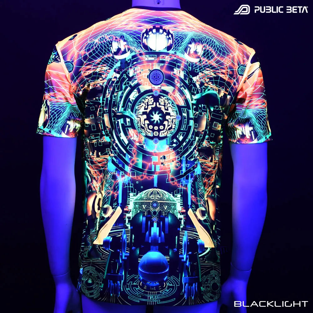T-shirt with UV-reactive futuristic print glowing under blacklight back