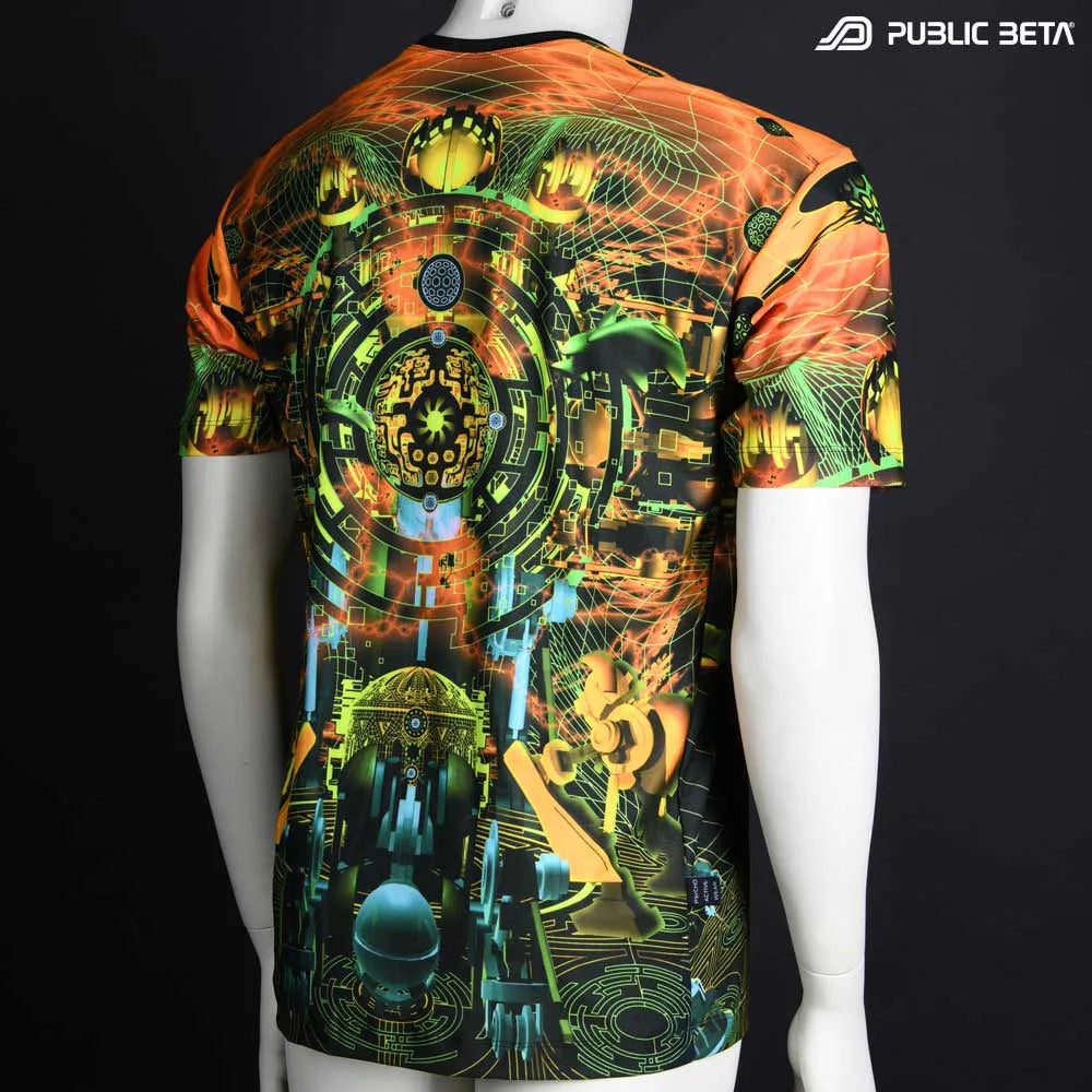 T-shirt with UV-reactive psychedelic art print, photographed in natural light