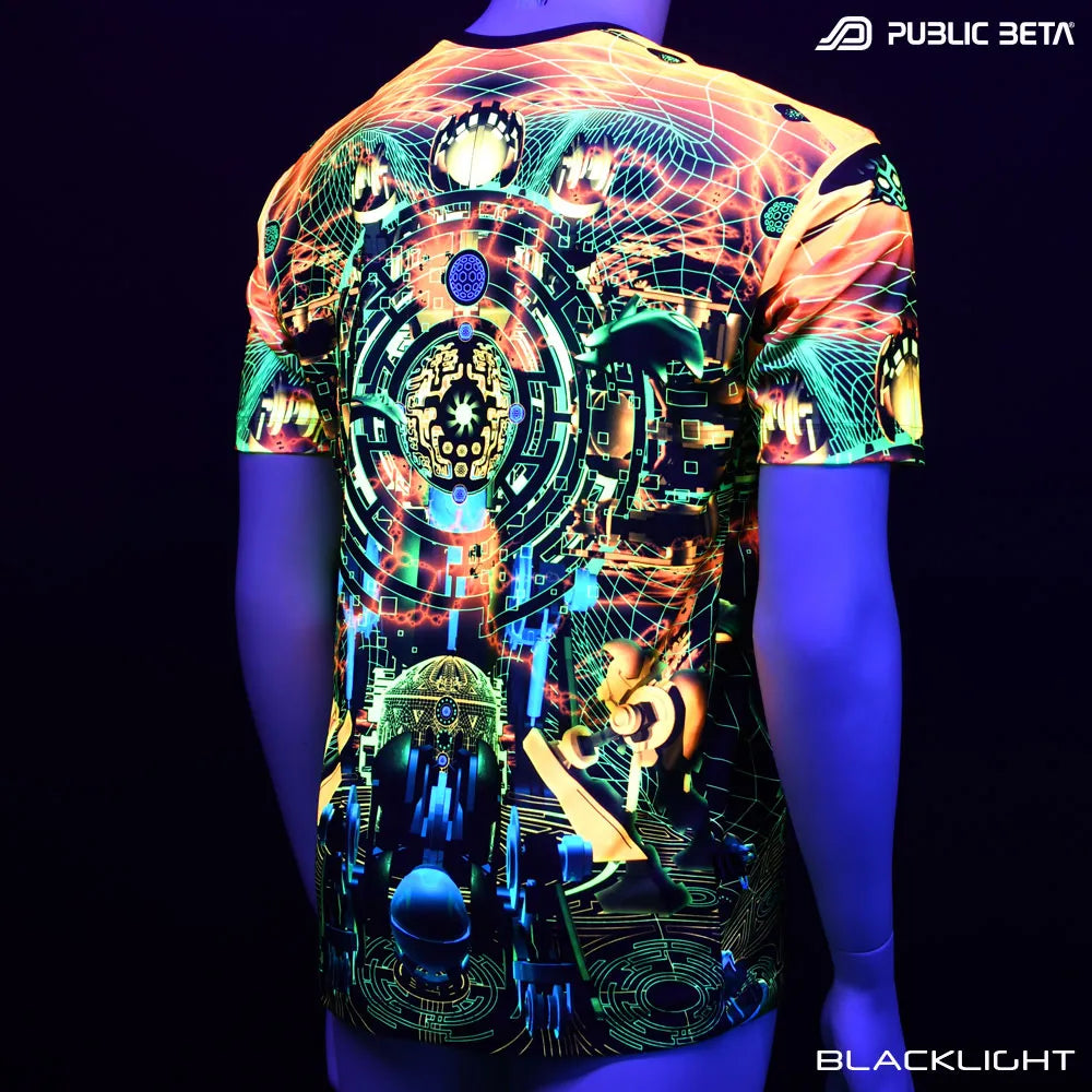 T-shirt with UV-reactive futuristic print glowing under blacklight