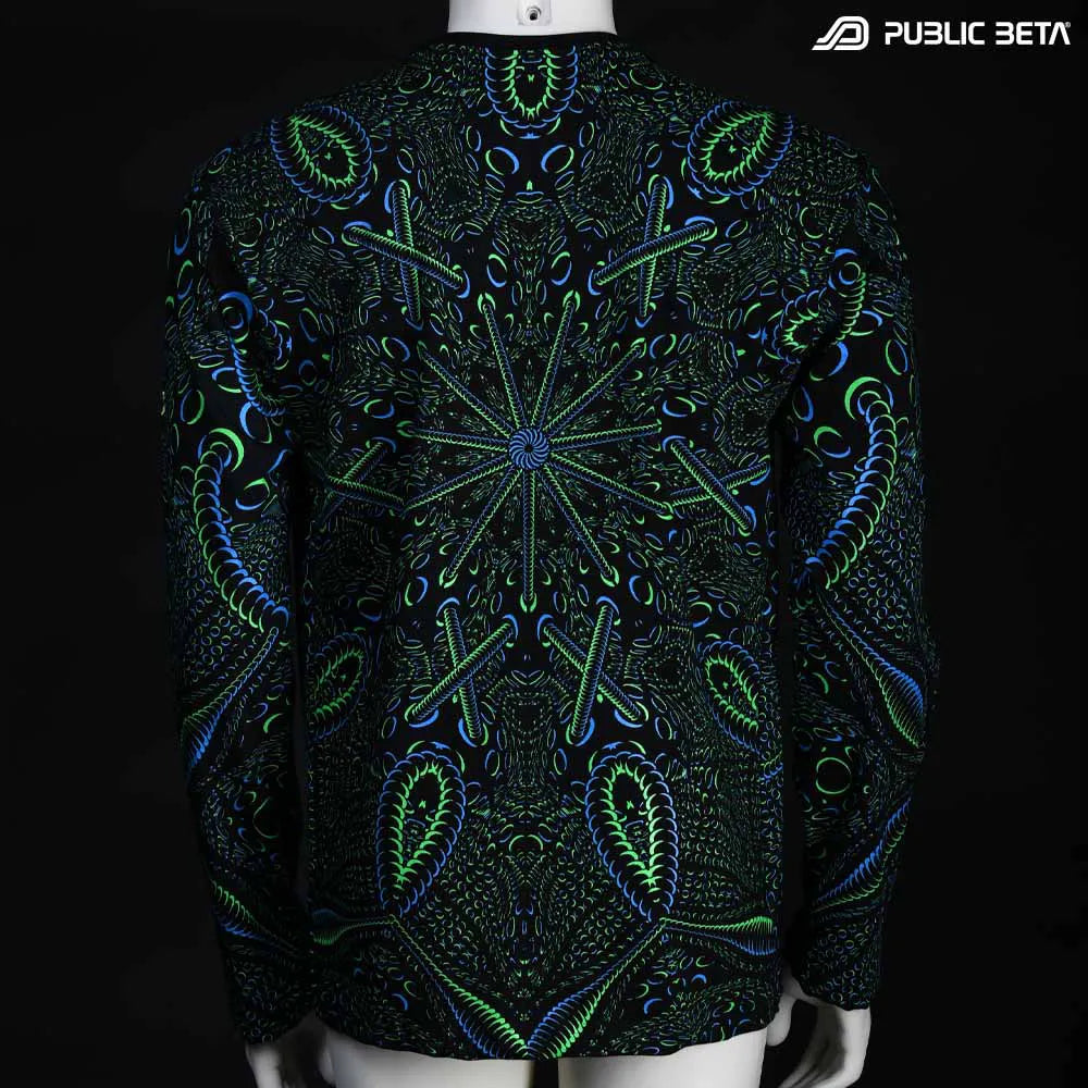 Longsleeve with organic UV-reactive print, photographed in natural light