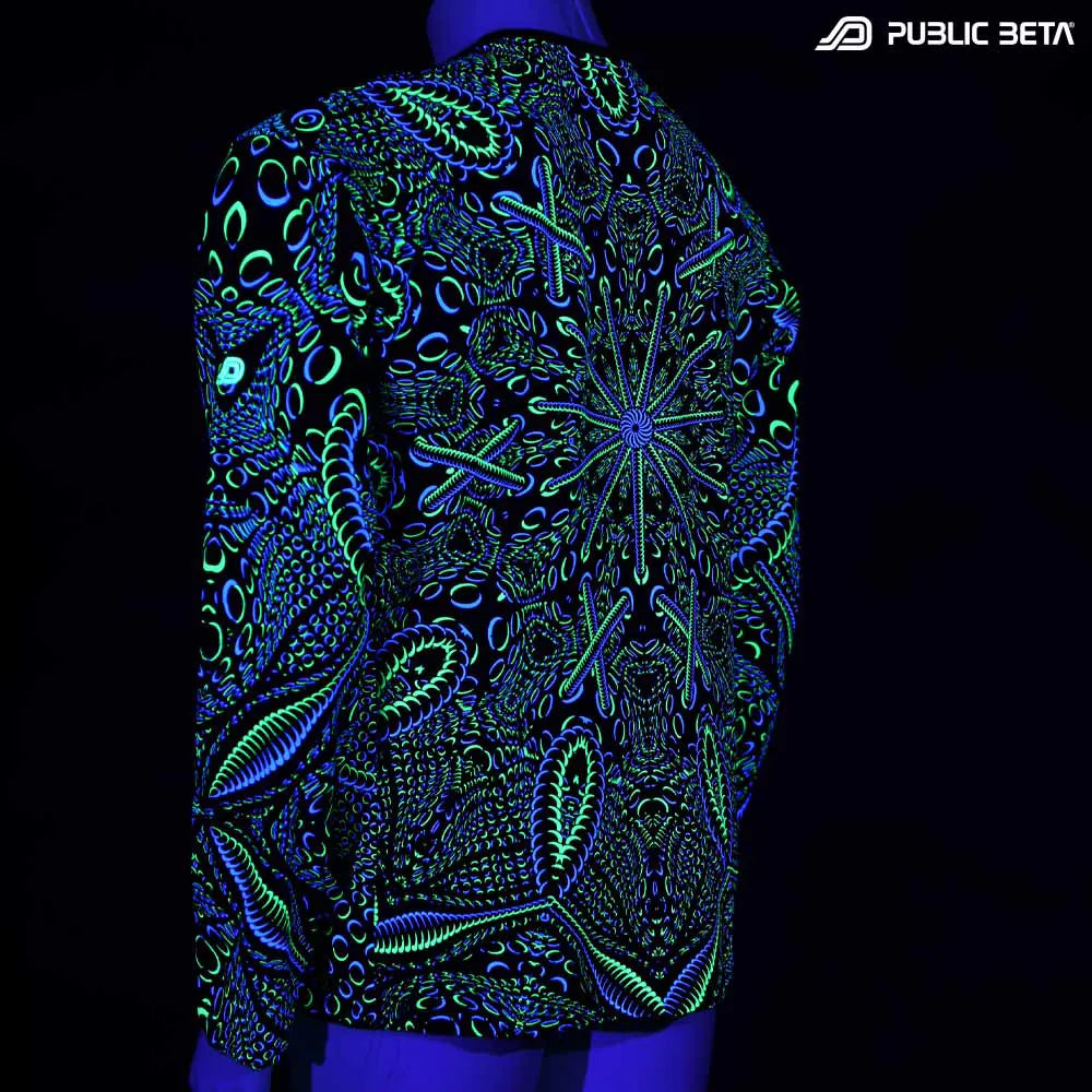 Longsleeve shirt with UV-reactive psychedelic art print glowing under blacklight