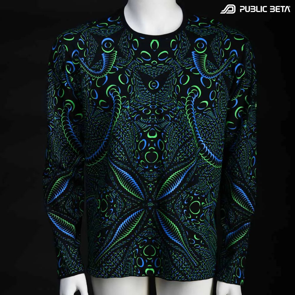 Longsleeve with organic UV-reactive print, photographed in natural light