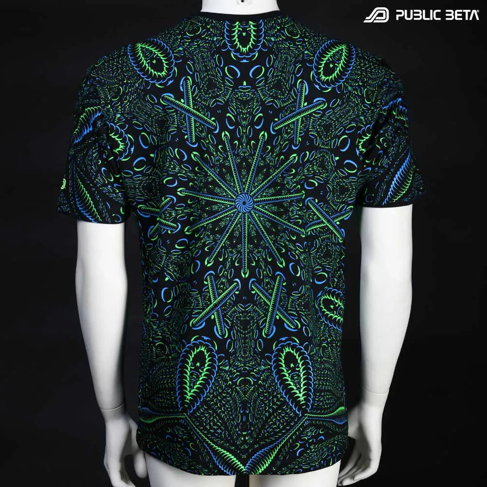 T-shirt with all-over UV-reactive print, photographed in natural light back side