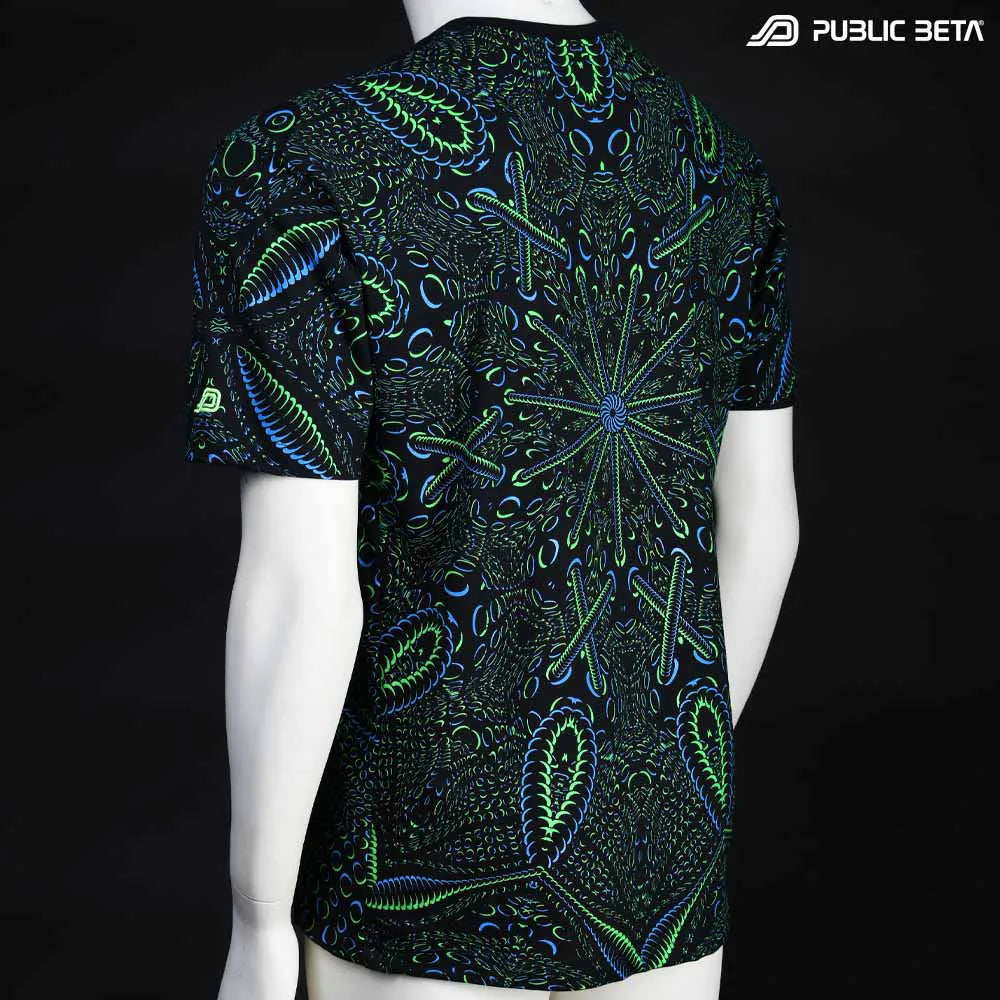 T-shirt with all-over UV-reactive print, photographed in natural light back side