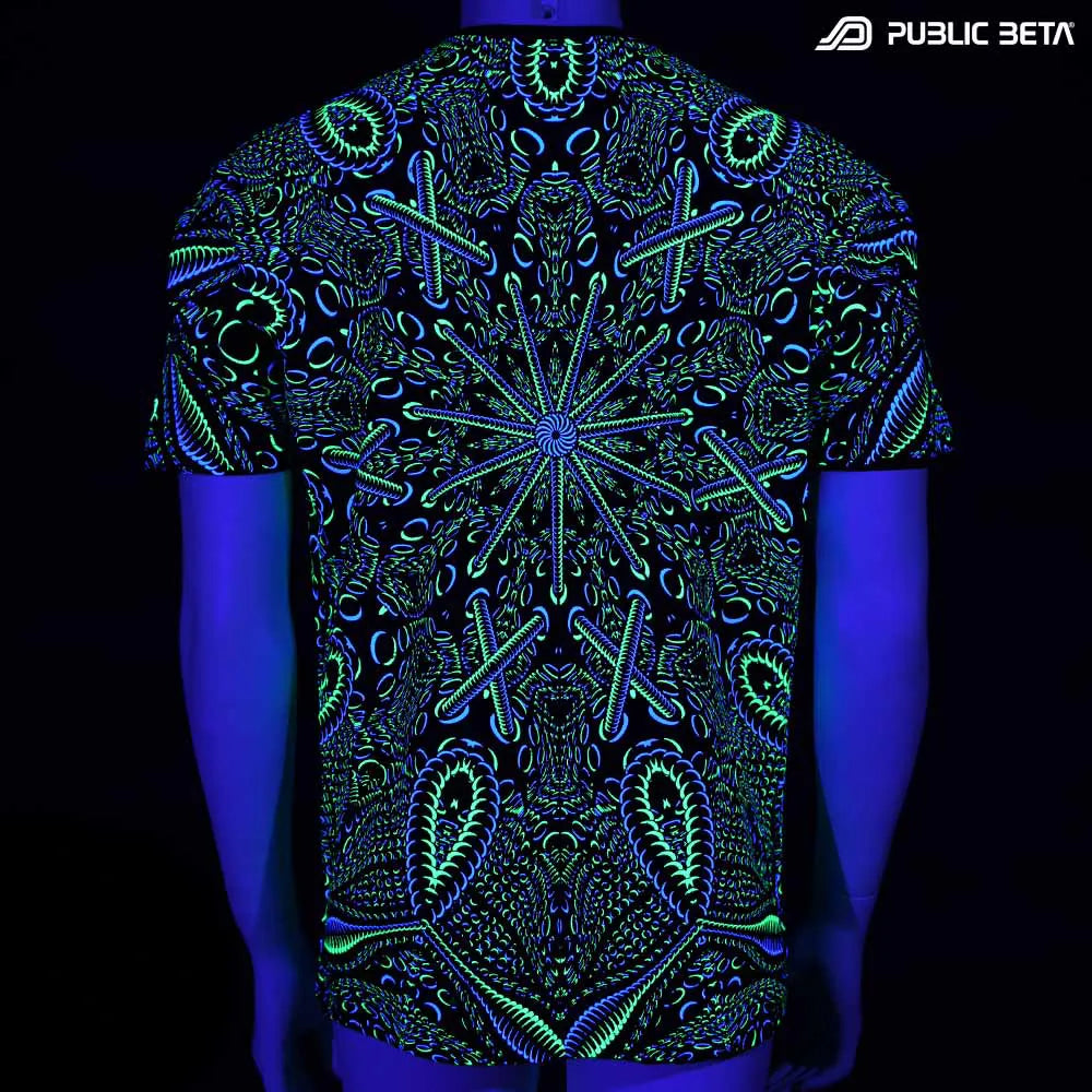 T-shirt with dense pattern UV-reactive graphics glowing under blacklight
