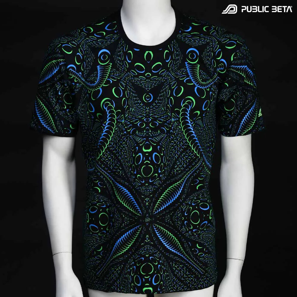 T-shirt with all-over UV-reactive print, photographed in natural light back side