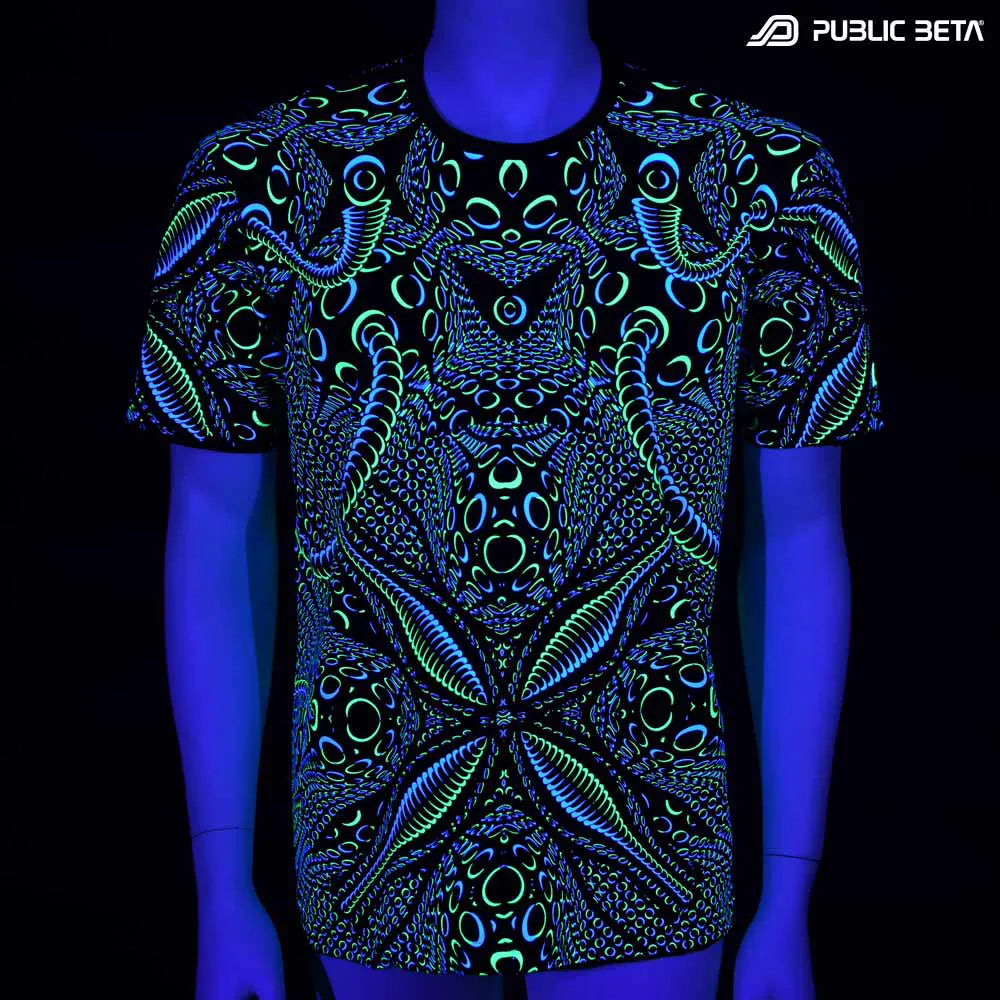 T-shirt with dense pattern UV-reactive graphics glowing under blacklight