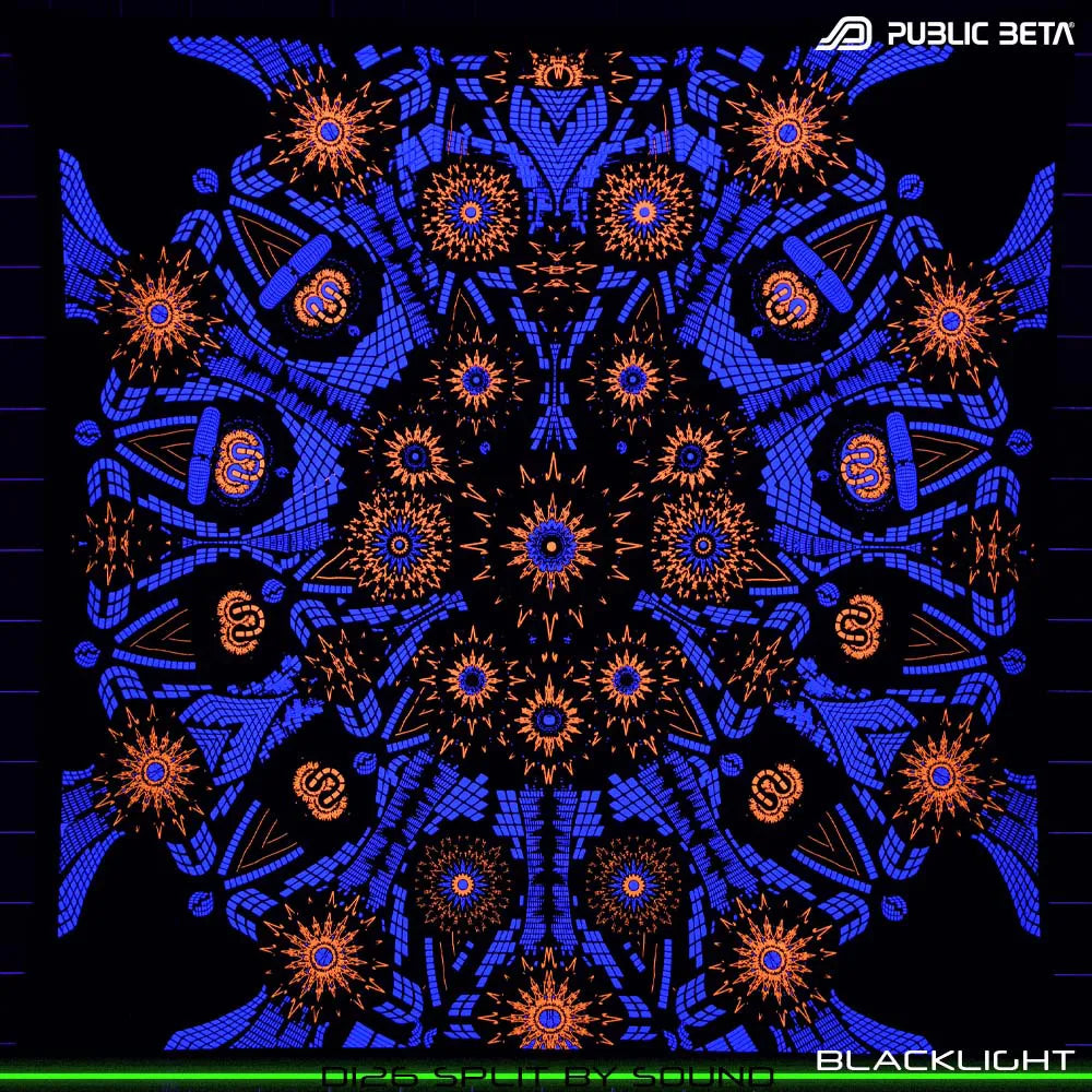 Wallhanging with geometric UV-reactive graphics glowing under blacklight