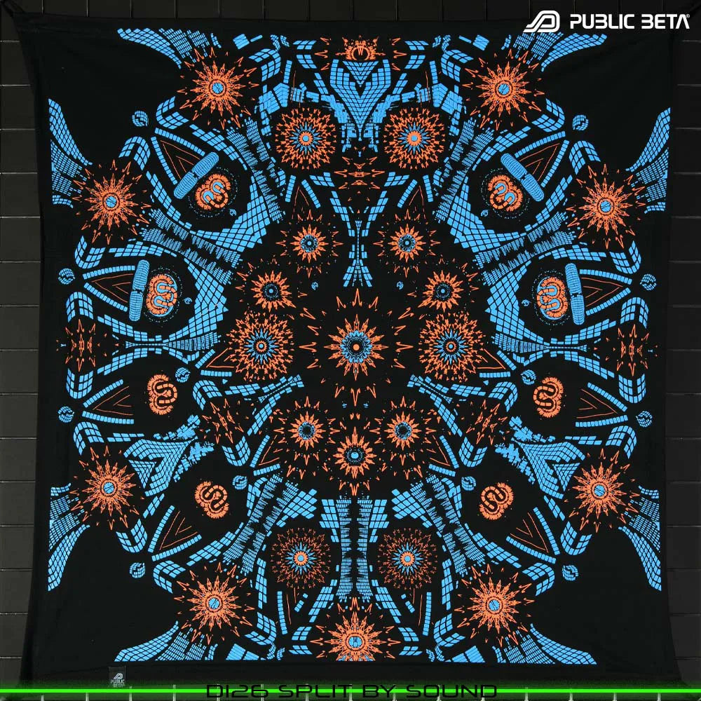 Wallhanging with geometric UV-reactive graphics, photographed in natural light