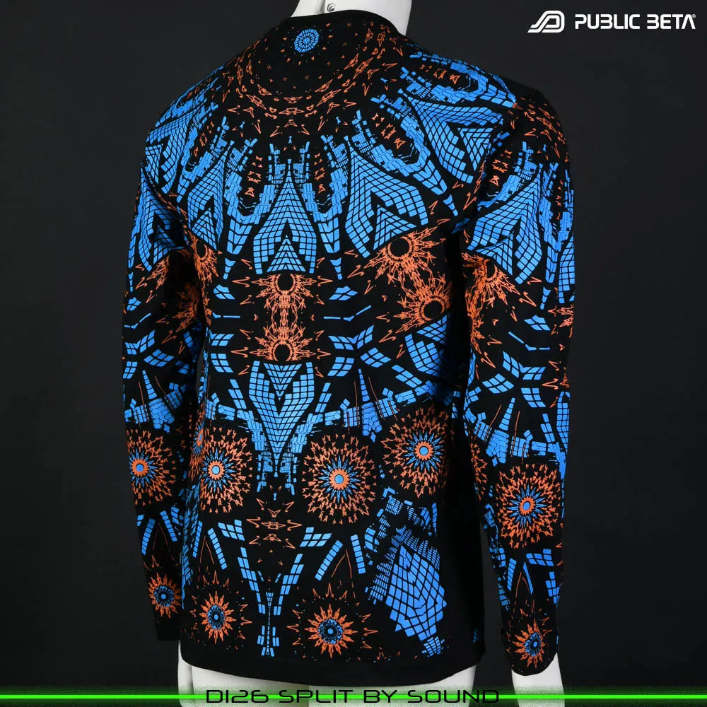 Longsleeve with all-over UV-reactive print, photographed in natural light