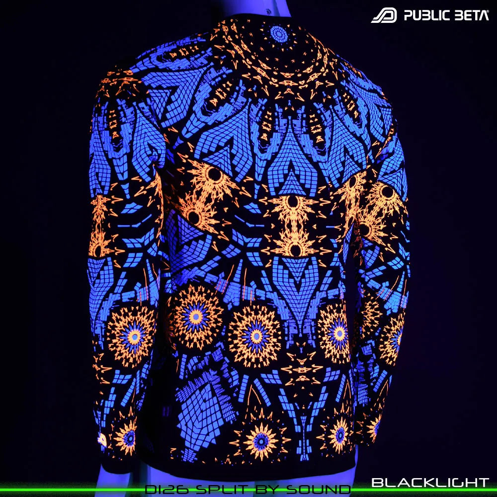 Longsleeve with dense pattern UV-reactive graphics glowing under blacklight