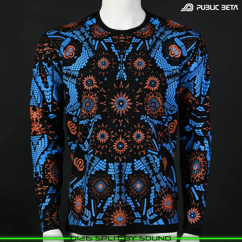 Longsleeve with all-over UV-reactive print, photographed in natural light