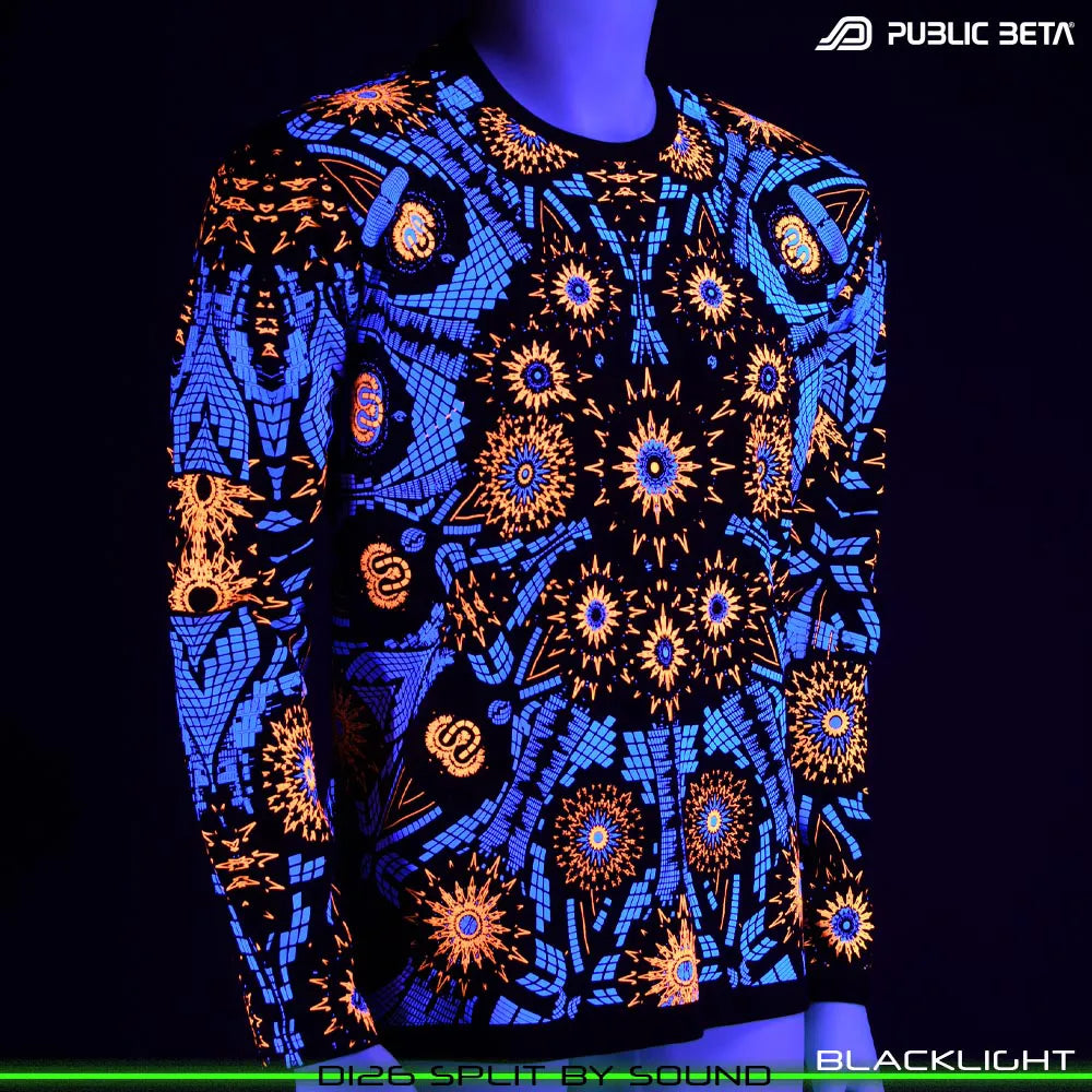 longsleeve with dense pattern UV-reactive graphics glowing under blacklight
